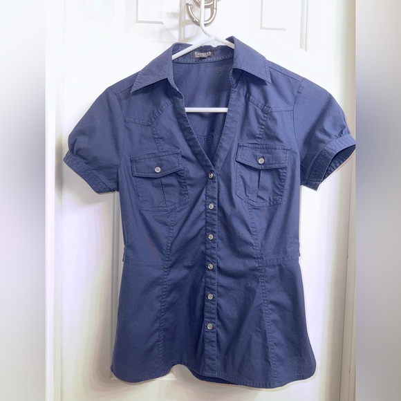 Express Dark Blue Short Sleeve Western Take, adjustable waist - Picture 2 of 12